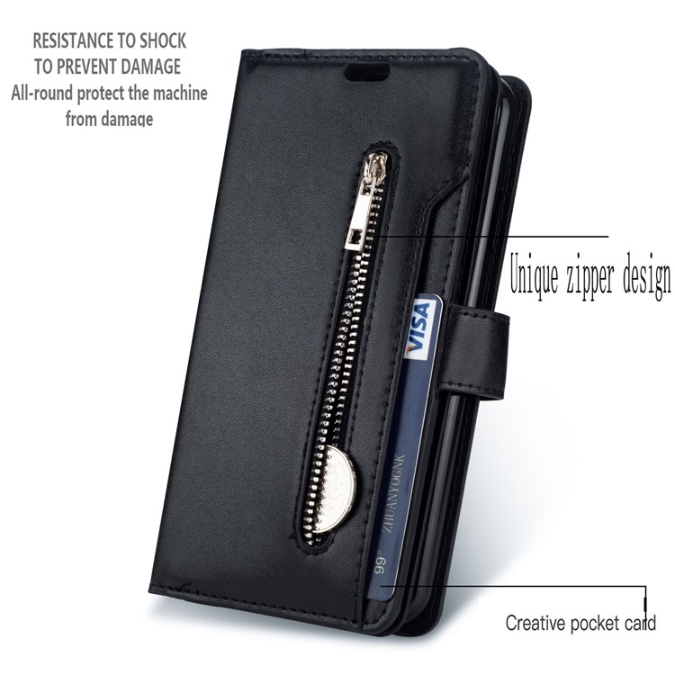 Zipper Pocket Multiple Card Slots Leather Stand Case for iPhone (2019) 6.5-inch - Black-4