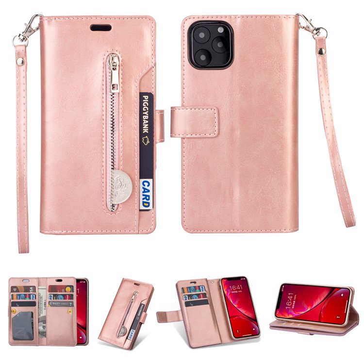 Zipper Pocket Multiple Card Slots Leather Stand Case for iPhone 11 Pro Max 6.5 inch (2019) - Rose Gold-1