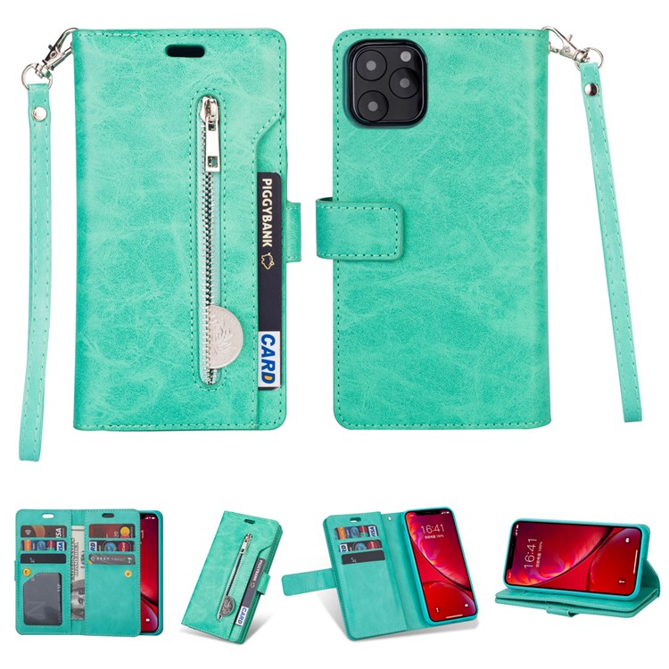 Zipper Pocket Multiple Card Slots Leather Stand Case for iPhone 11 Pro Max 6.5 inch (2019) - Cyan-1