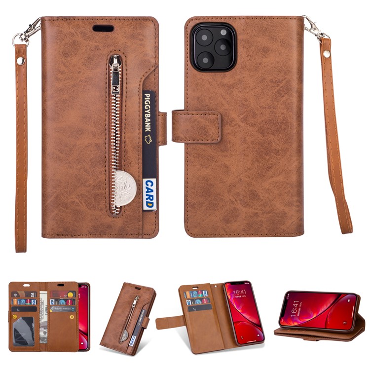Zipper Pocket Multiple Card Slots Leather Stand Case for iPhone 11 Pro Max 6.5 inch (2019) - Brown-1