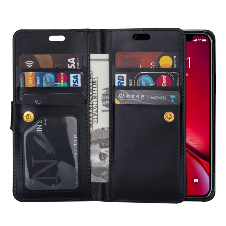 Pour Iphone 11 6,1 Pouces (2019) Case de Téléphone en Cuir Sangle de Poignet Couvercle de Protection du Portefeuille Multifinection Portefeuille Avec Poche à Fermeture Éclair - le Noir-7