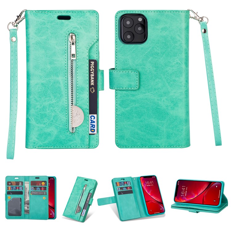 Pour Iphone 11 6,1 Pouces (2019) Case de Téléphone en Cuir Sangle de Poignet Couvercle de Protection du Portefeuille Multifinection Portefeuille Avec Poche à Fermeture Éclair - Cyan