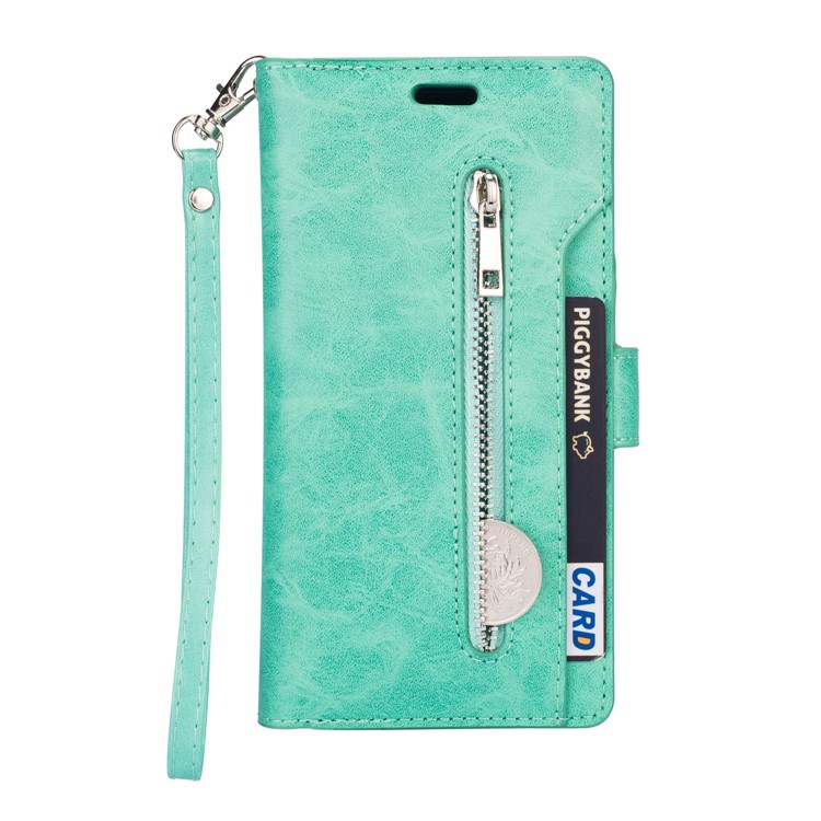 Pour Iphone 11 6,1 Pouces (2019) Case de Téléphone en Cuir Sangle de Poignet Couvercle de Protection du Portefeuille Multifinection Portefeuille Avec Poche à Fermeture Éclair - Cyan