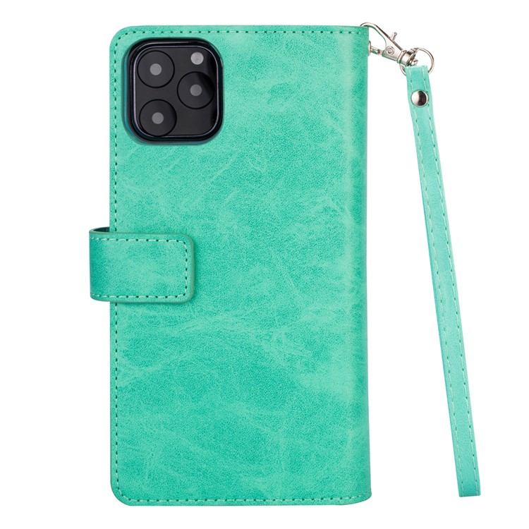 Para Iphone 11 6.1 Pulgadas (2019) Case de Teléfono de Cuero Correa de Muñeca Cubierta Protectora de la Billetera Multifunción Case de Teléfono Con Bolsillo de Cremallera - Cian