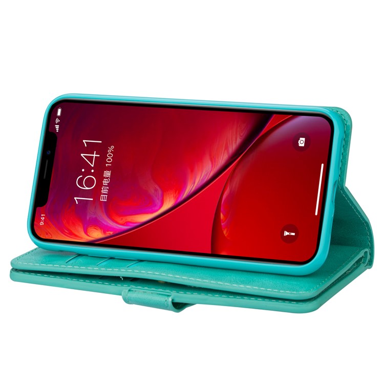 Pour Iphone 11 6,1 Pouces (2019) Case de Téléphone en Cuir Sangle de Poignet Couvercle de Protection du Portefeuille Multifinection Portefeuille Avec Poche à Fermeture Éclair - Cyan