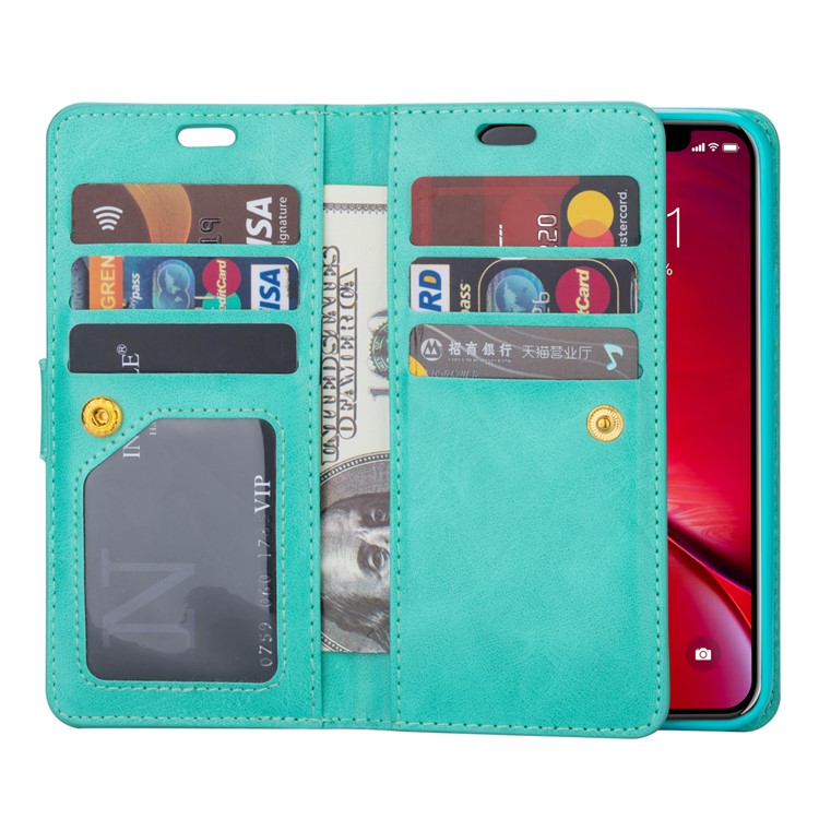 Para Iphone 11 11 Polegadas (2019) Caixa de Couro Strap Strap Protetive Cover Multifunction Wallet Case Com Bolso Com Zíper - Ciano