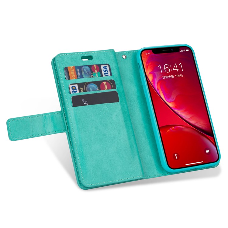 Pour Iphone 11 6,1 Pouces (2019) Case de Téléphone en Cuir Sangle de Poignet Couvercle de Protection du Portefeuille Multifinection Portefeuille Avec Poche à Fermeture Éclair - Cyan