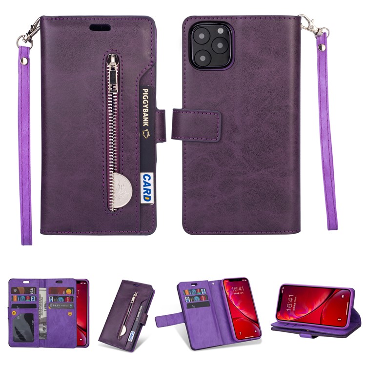 Para Iphone 11 6.1 Pulgadas (2019) Case de Teléfono de Cuero Correa de Muñeca Cubierta Protectora de la Billetera Multifunción Case de Teléfono Con Bolsillo de Cremallera - Violeta