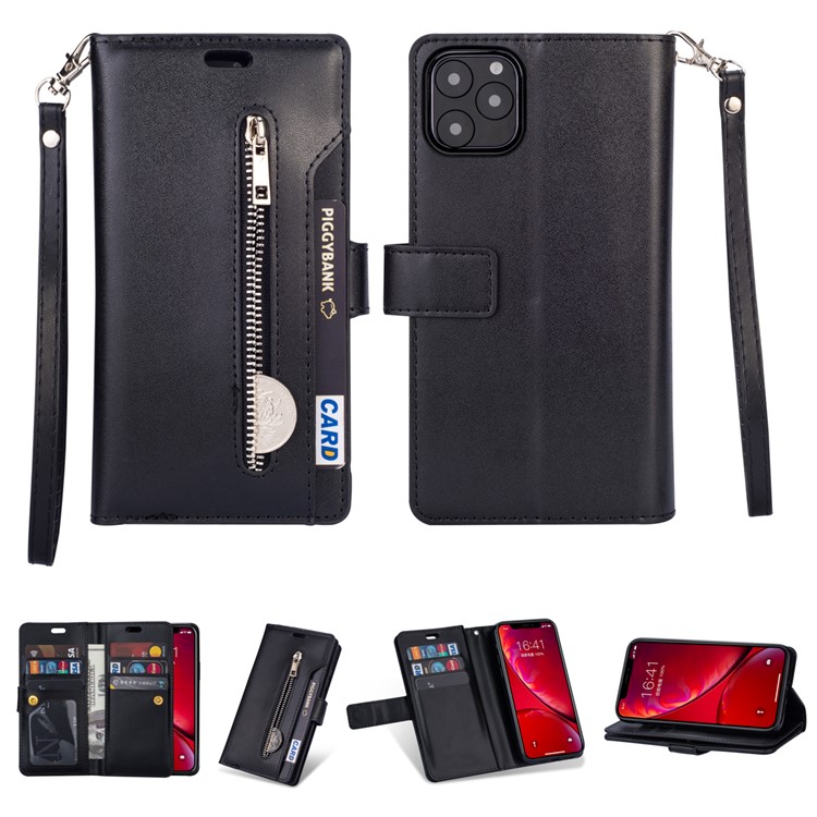 Zippered Leather Magnetic Stand Wallet TPU Accessory Shell with Strap for iPhone 11 Pro 5.8-inch (2019) - Black-1