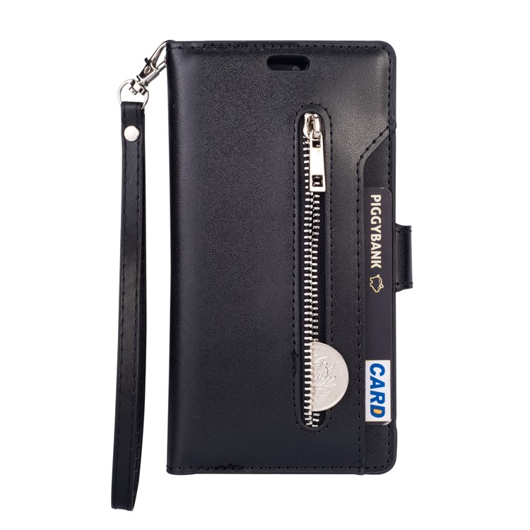 Zippered Leather Magnetic Stand Wallet TPU Accessory Shell with Strap for iPhone (2019) 5.8-inch - Black-2