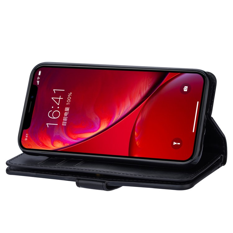 Zippered Leather Magnetic Stand Wallet TPU Accessory Shell with Strap for iPhone (2019) 5.8-inch - Black-6