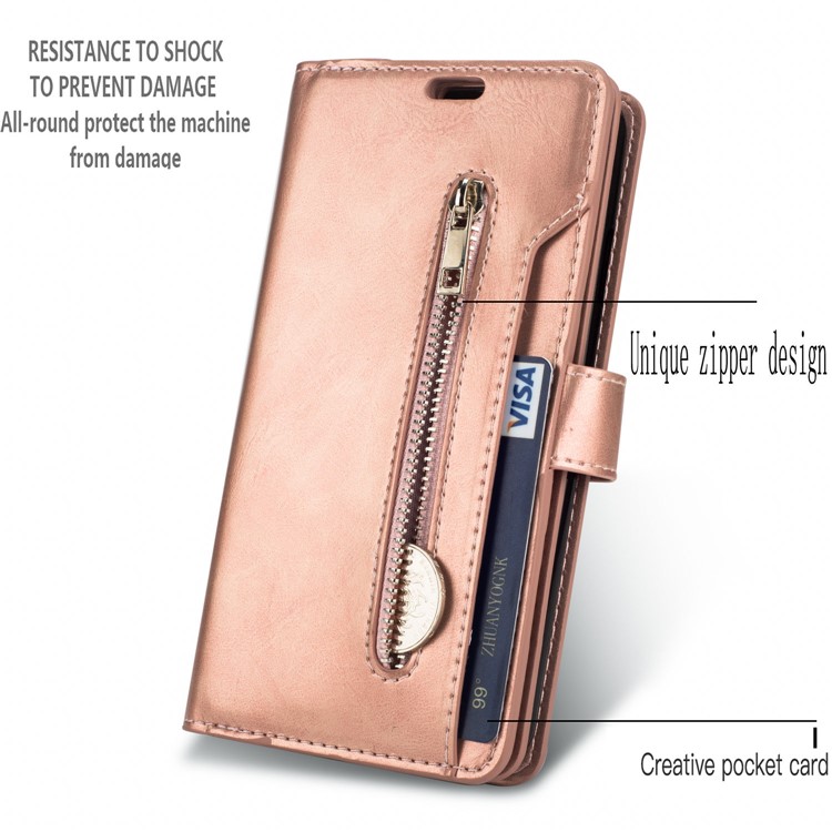 Cuir À Fermeture À Glissière Stand Magnétique Portefeuille TPU Accessoire Shell Avec Sangle Pour IPhone 11 Pro 5,8 Pouce (2019) - Or Rose-4