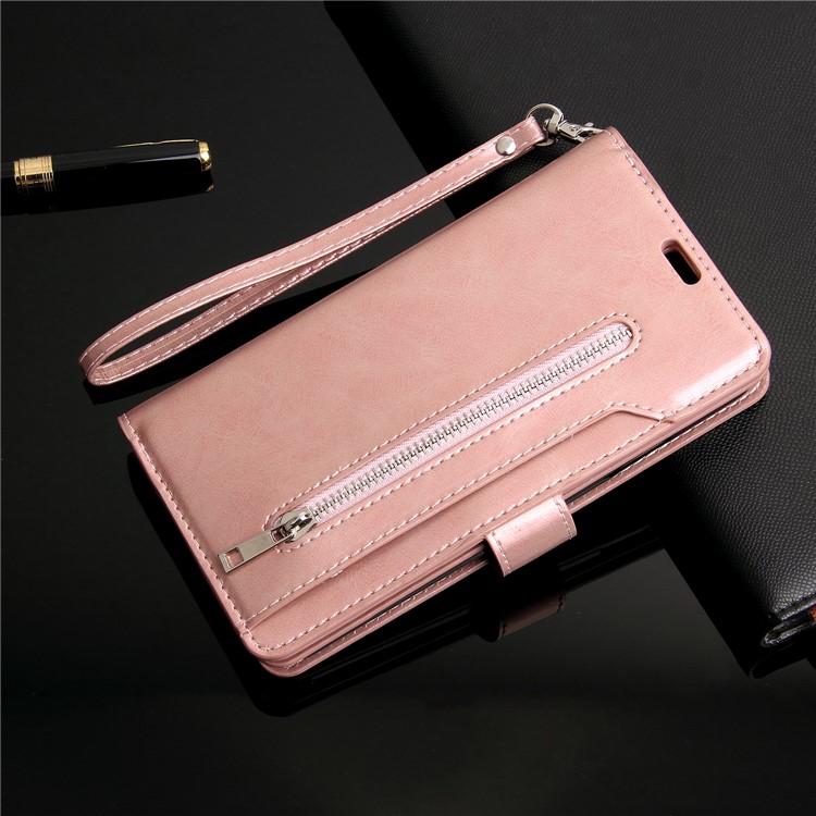 Cuir À Fermeture À Glissière Stand Magnétique Portefeuille TPU Accessoire Shell Avec Sangle Pour IPhone 11 Pro 5,8 Pouce (2019) - Or Rose-9