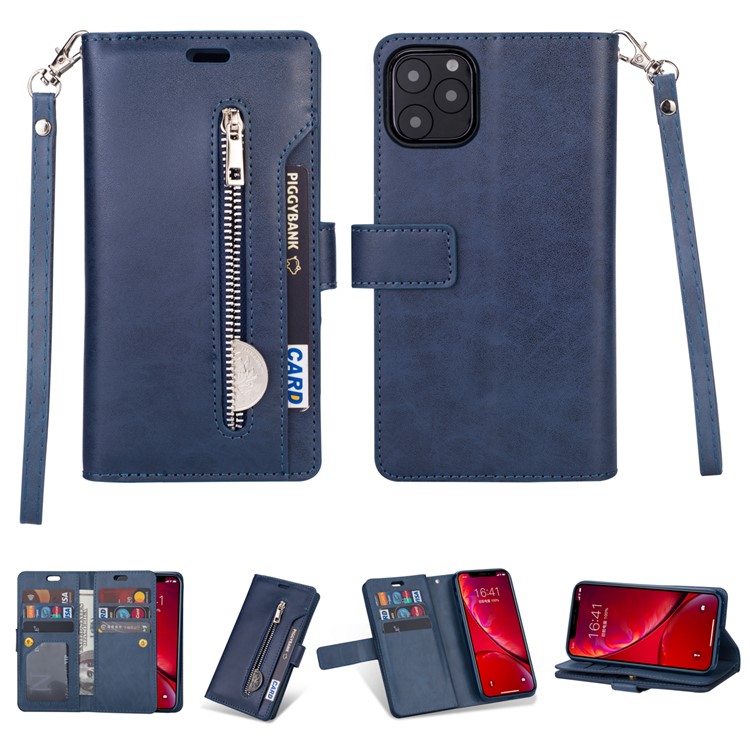 Zippered Leather Magnetic Stand Wallet TPU Accessory Shell with Strap for iPhone 11 Pro 5.8-inch (2019) - Dark Blue-1