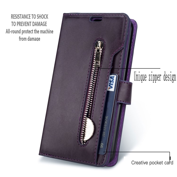 Zippered Leather Magnetic Stand Wallet TPU Accessory Shell with Strap for iPhone 11 Pro 5.8-inch (2019) - Purple-4