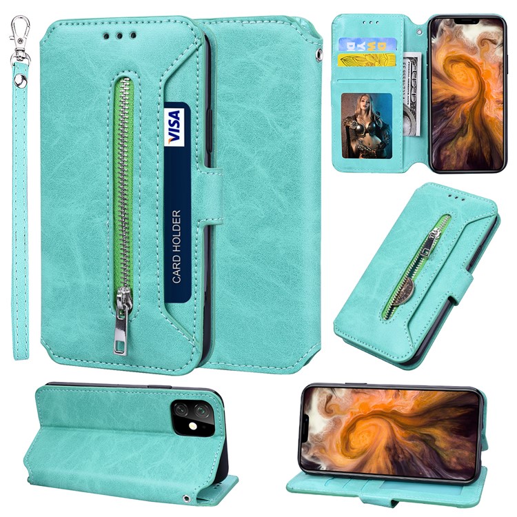 Titular De La Tarjeta Billetera Con Cremallera Funda De Cuero Para Teléfono Para Iphone (2019) 6.1 Pulgadas - Cian-1