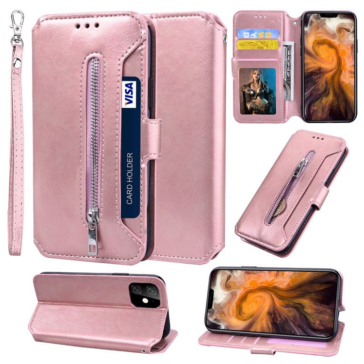 Card Holder Zippered Wallet Leather Phone Shell for iPhone 11 Pro 5.8 inch (2019) - Rose Gold-1