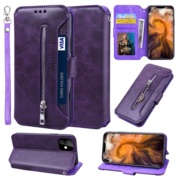 Card Holder Zippered Wallet Leather Phone Shell for iPhone 11 Pro 5.8 inch (2019) - Purple-1