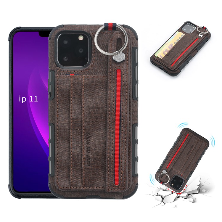 SHOUHUSHEN Card Holder Cloth Coated PC TPU Hybrid Shell for iPhone 11 Pro Max 6.5 inch - Coffee-1