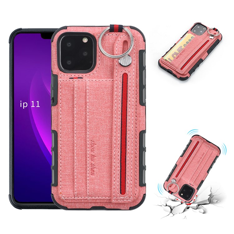 SHOUHUSHEN Card Holder Cloth Coated PC TPU Hybrid Shell for iPhone 11 Pro 5.8 inch - Pink-1