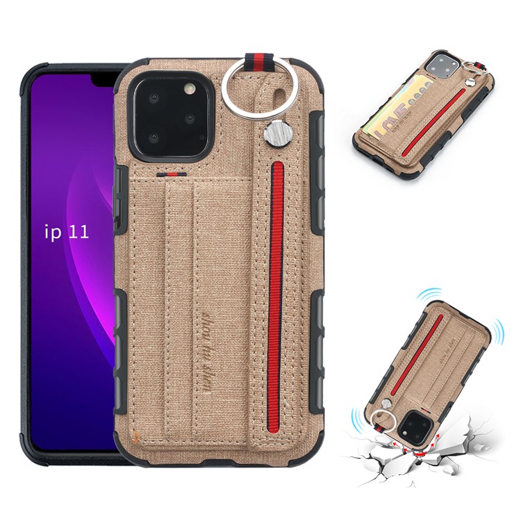 SHOUHUSHEN Card Holder Cloth Coated PC TPU Hybrid Shell for iPhone 11 Pro 5.8 inch - Brown-1