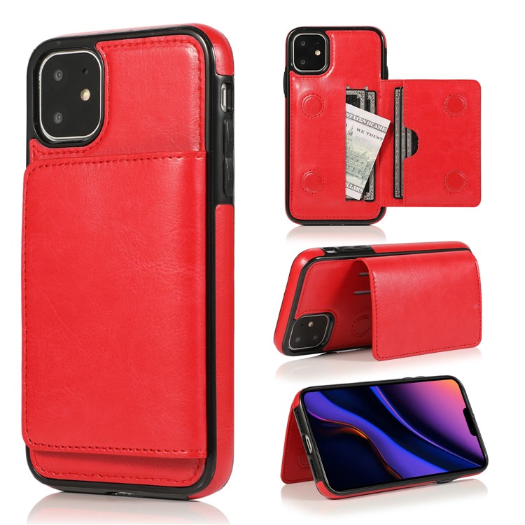 PU Leather + TPU Multiple Card Slots Stand Phone Cover Shell for iPhone 11 6.1 inch (2019) - Red-1