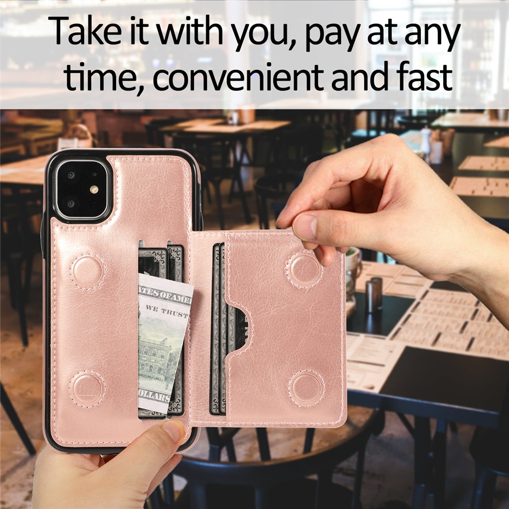 PU Leather + TPU Multiple Card Slots Stand Phone Cover Shell for iPhone 11 6.1 inch (2019) - Rose Gold-12