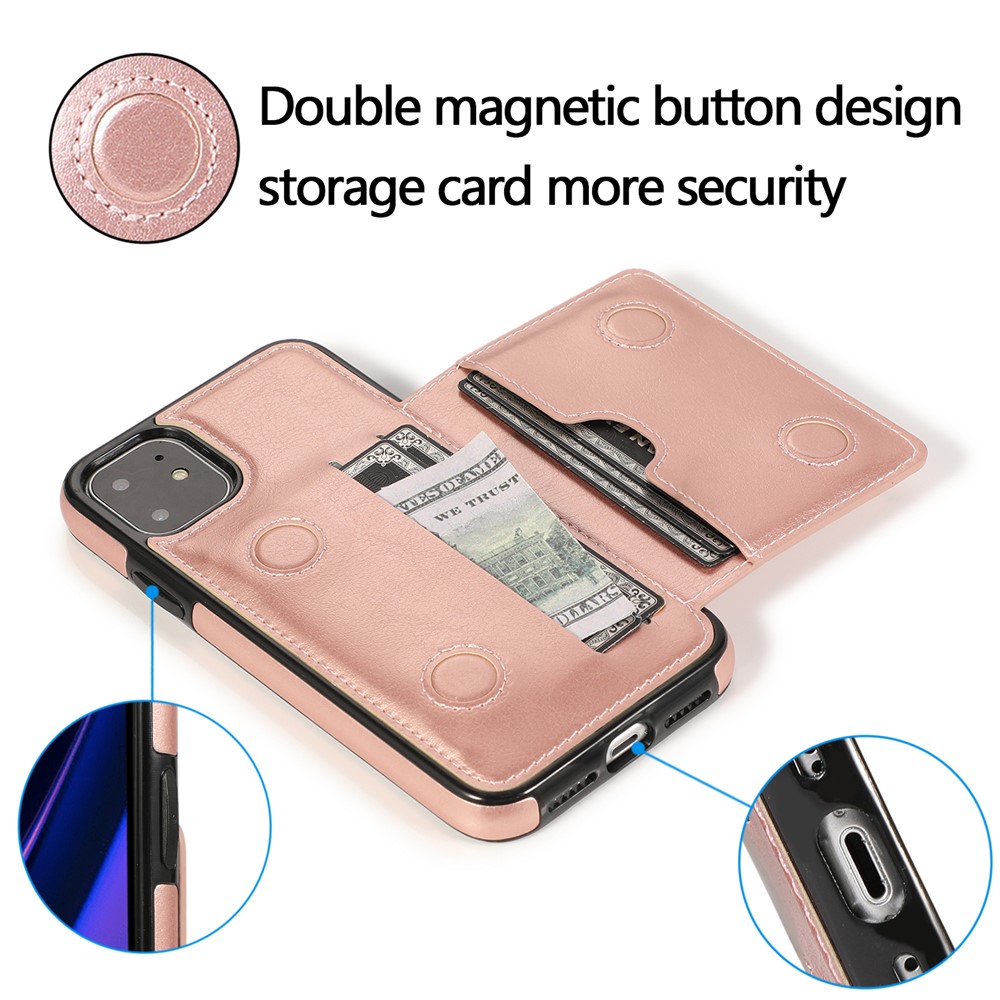 PU Leather + TPU Múltipla Cartão Slots Stand Tampo Chela Para Iphone 11 6,1 Polegadas (2019) - Rosa Ouro