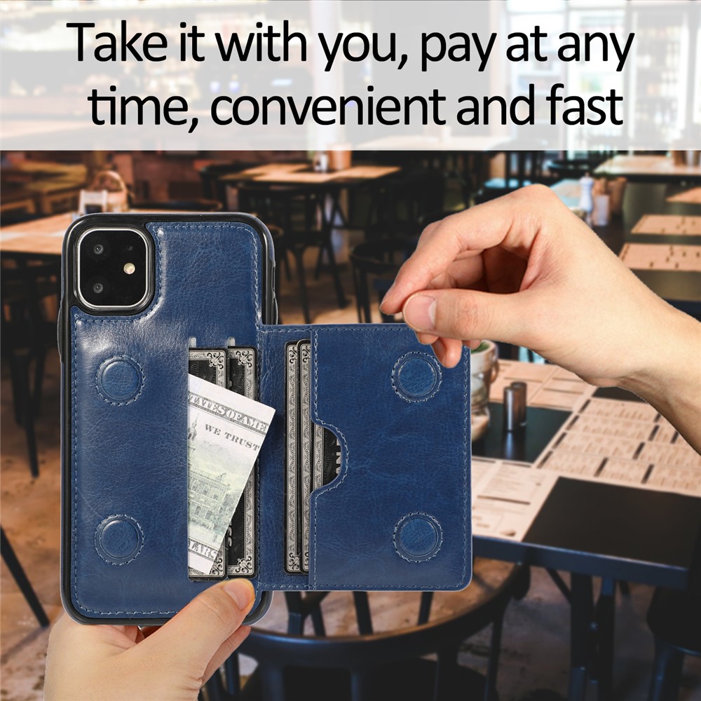Couro Pu + Tpu Vários Slots De Cartão Suporte Shell Tampa Do Telefone Para Iphone 11 6.1 Polegadas (2019) - Azul-12