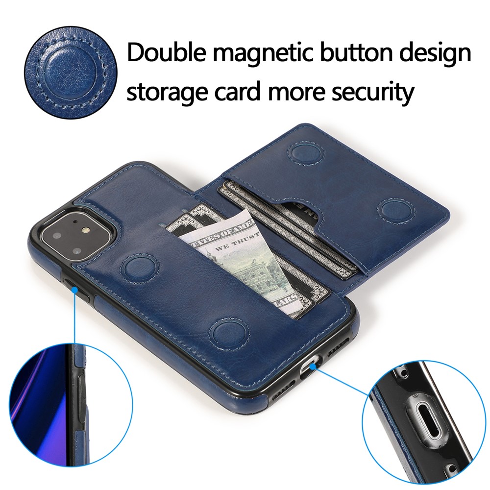 Couro Pu + Tpu Vários Slots De Cartão Suporte Shell Tampa Do Telefone Para Iphone 11 6.1 Polegadas (2019) - Azul-5
