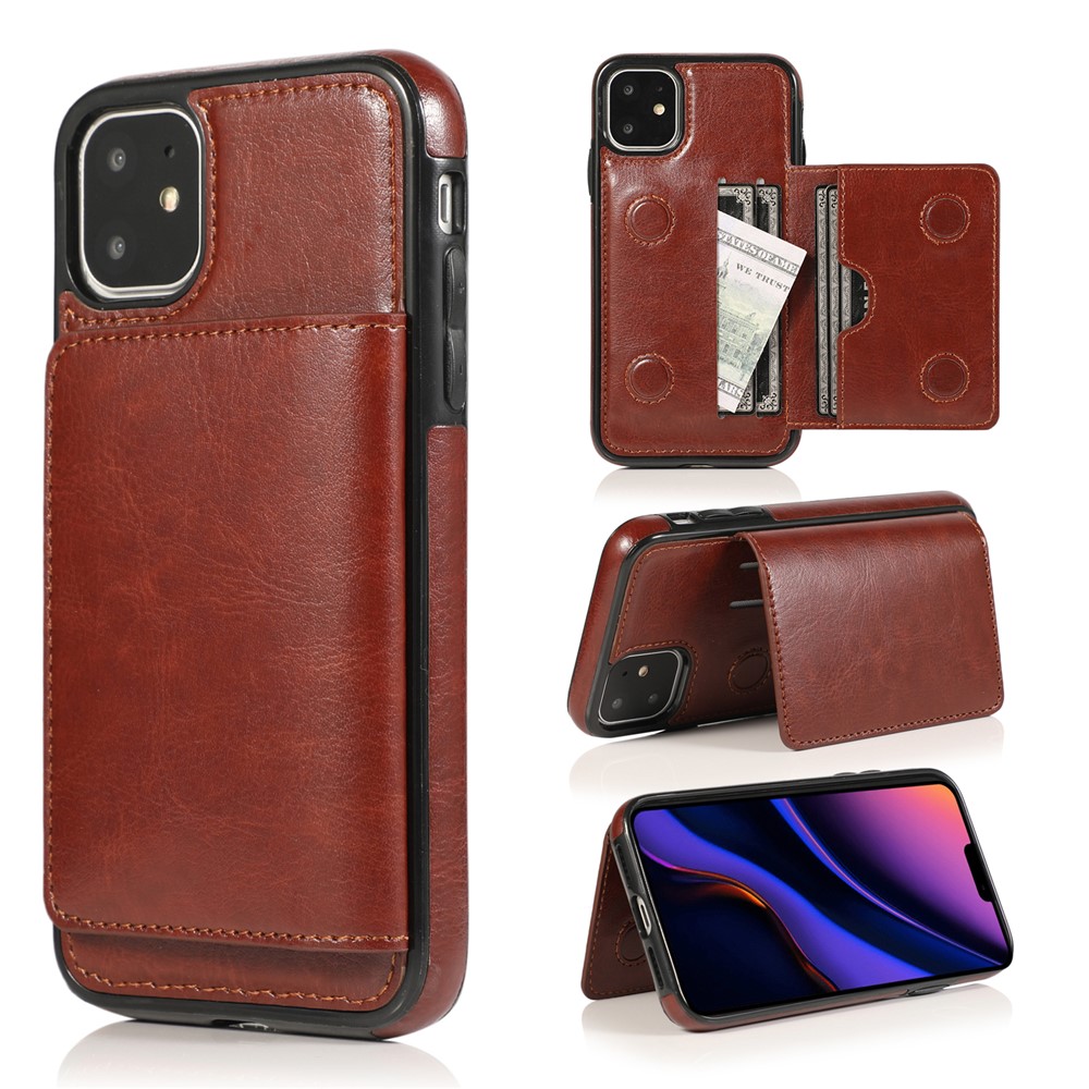 PU Leather + TPU Multiple Card Slots Stand Phone Cover Shell for iPhone 11 6.1 inch (2019) - Brown-1