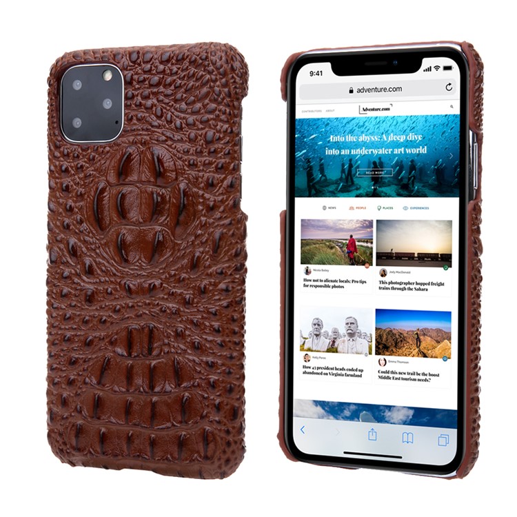 Alligator Head Texture Genuine Leather Coated PC Phone Shell Protective Case for iPhone 11 Pro Max 6.5 inch - Brown-1