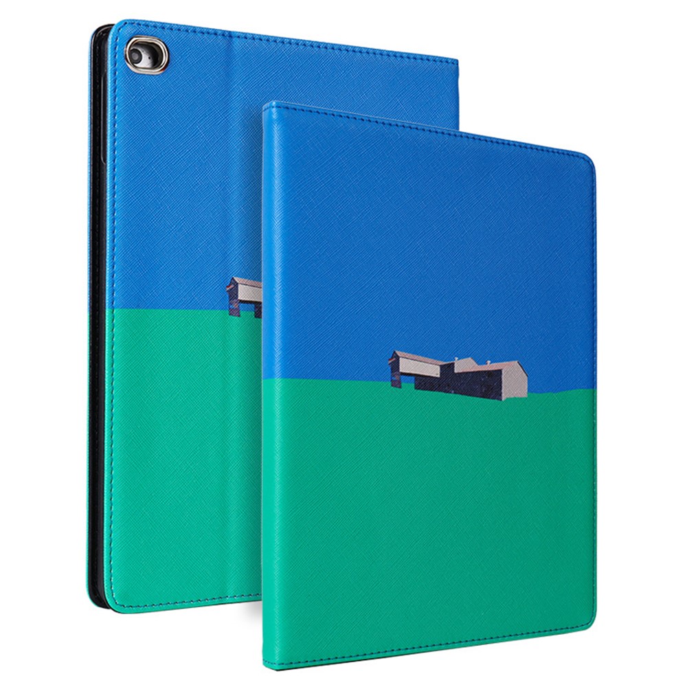 New Two-tone Pattern Printing Leather Tablet Case for iPad 9.7-inch (2018)/(2017) - Green/Blue-1