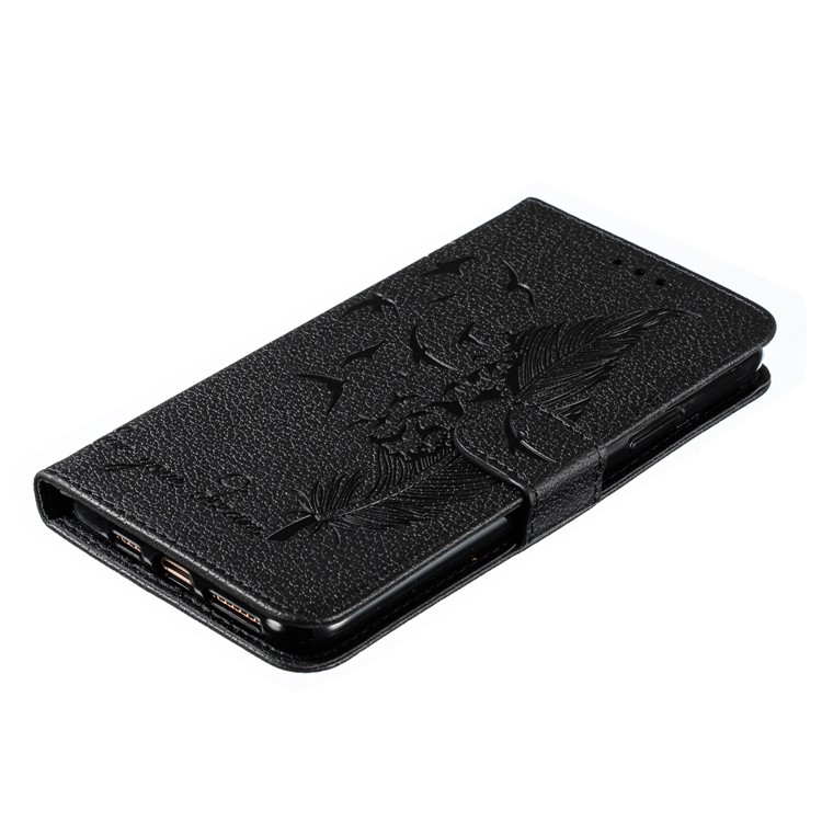 Litchi Texture Imprint Feather Flower Stand Wallet Leather Case for iPhone 11 Pro 5.8 inch - Black-5