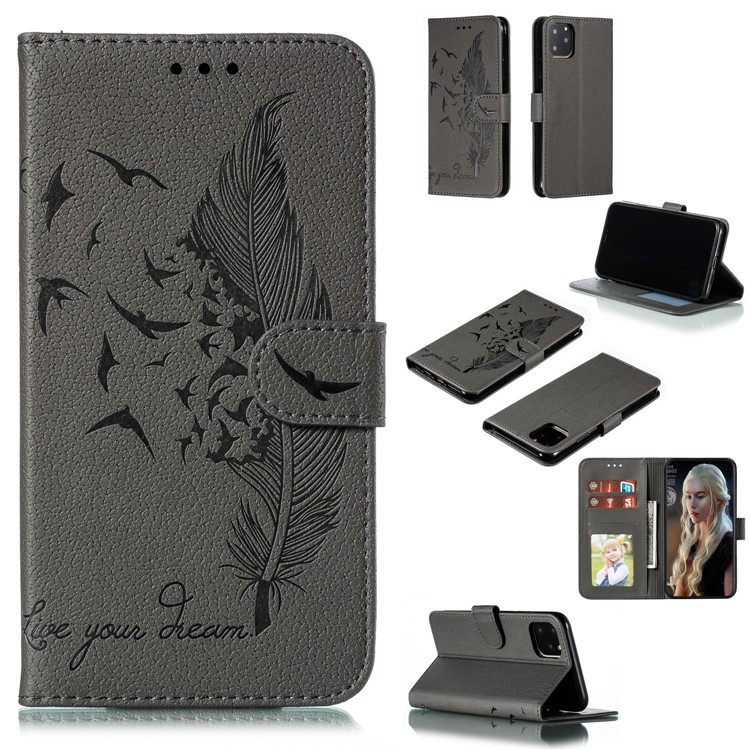 Litchi Texture Imprint Feather Stand Wallet Leather Case for iPhone 11 Pro 5.8 inch - Grey-1