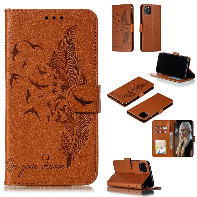 Litchi Texture Imprint Feather Stand Wallet Leather Case for iPhone 11 Pro 5.8 inch - Brown-1