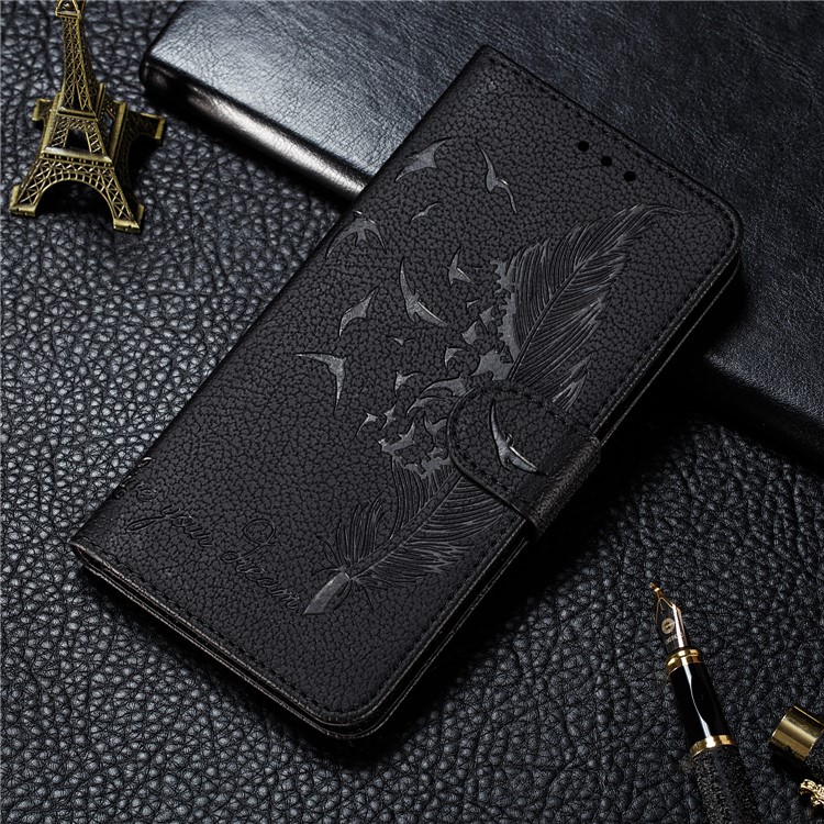 Litchi Texture Imprint Feather Leather Phone Case with Wallet Stand for iPhone 11 6.1 inch - Black-11