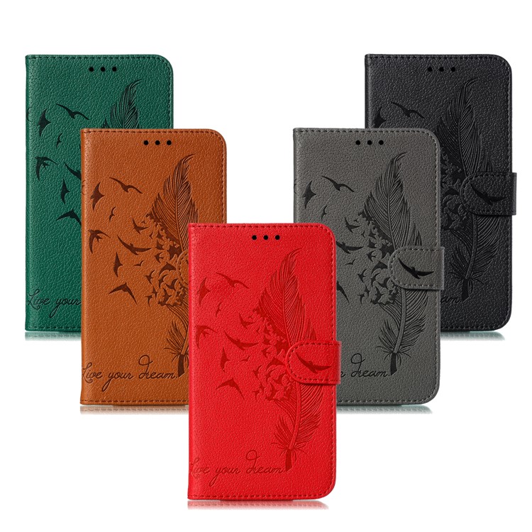 Litchi Texture Imprint Feather Leather Phone Case with Wallet Stand for iPhone 11 6.1 inch - Black-12