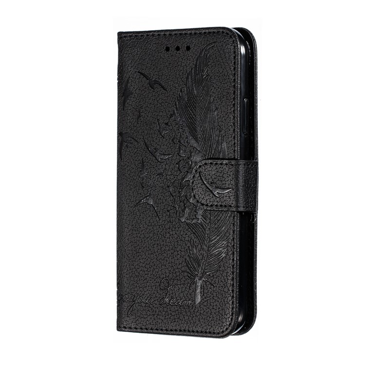 Litchi Texture Imprint Feather Leather Phone Case with Wallet Stand for iPhone 11 6.1 inch - Black-3