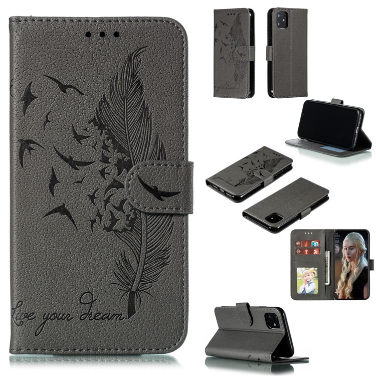 Litchi Texture Imprint Feather Leather Phone Case with Wallet Stand for iPhone 11 6.1 inch - Grey-1