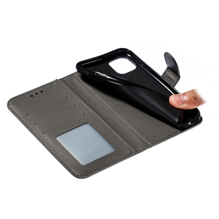 Litchi Texture Imprint Feather Leather Phone Case with Wallet Stand for iPhone 11 6.1 inch - Grey-10