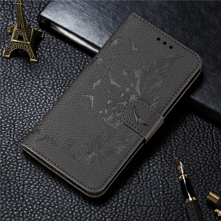 Litchi Texture Imprint Feather Leather Phone Case with Wallet Stand for iPhone 11 6.1 inch - Grey-11