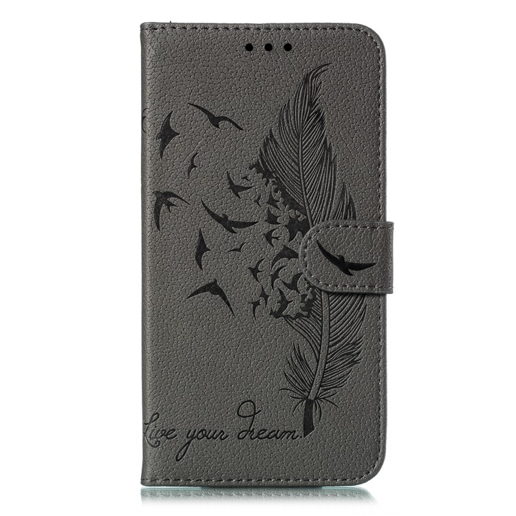 Litchi Texture Imprint Feather Leather Phone Case with Wallet Stand for iPhone 11 6.1 inch - Grey-2