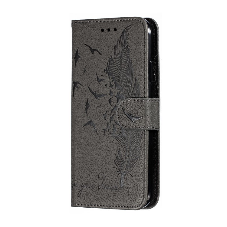 Litchi Texture Imprint Feather Leather Phone Case with Wallet Stand for iPhone 11 6.1 inch - Grey-3