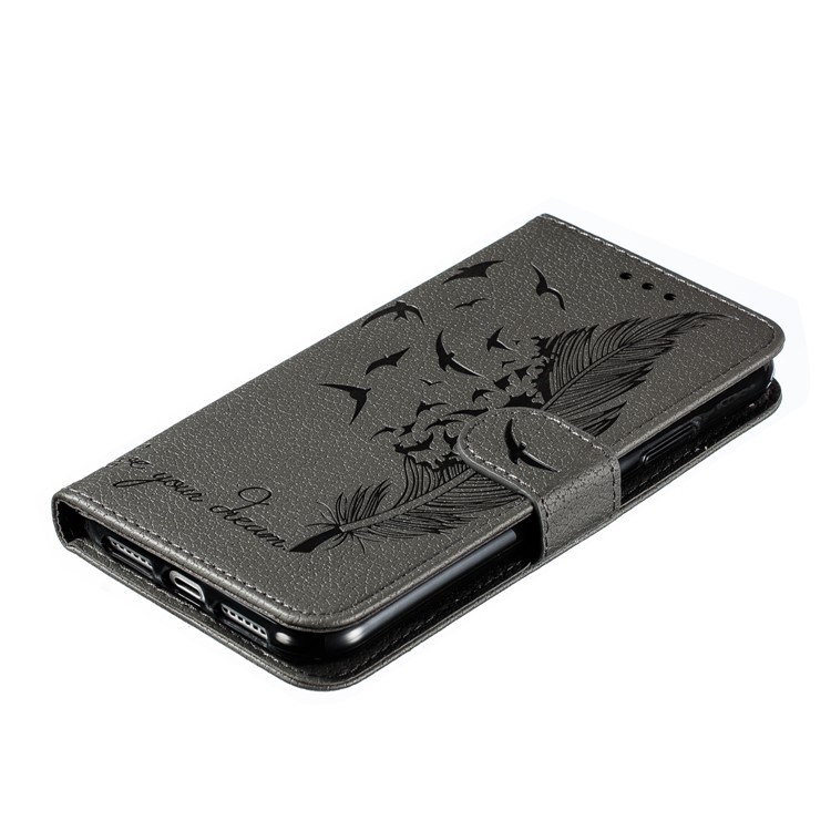 Litchi Texture Imprint Feather Leather Phone Case with Wallet Stand for iPhone 11 6.1 inch - Grey-5