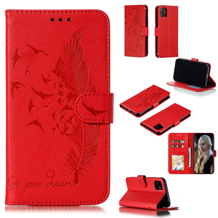Litchi Texture Imprint Feather Leather Phone Case with Wallet Stand for iPhone 11 6.1 inch - Red-1
