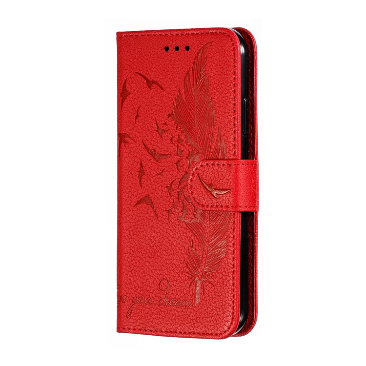 Litchi Texture Imprint Feather Leather Phone Case with Wallet Stand for iPhone 11 6.1 inch - Red-3