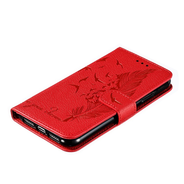 Litchi Texture Imprint Feather Leather Phone Case with Wallet Stand for iPhone 11 6.1 inch - Red-5