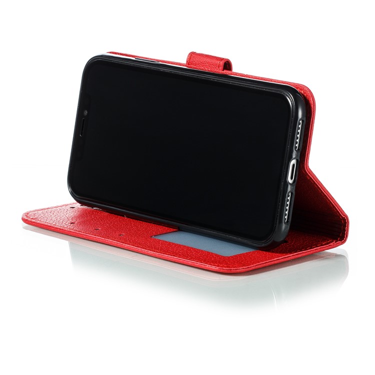 Litchi Texture Imprint Feather Leather Phone Case with Wallet Stand for iPhone 11 6.1 inch - Red-8
