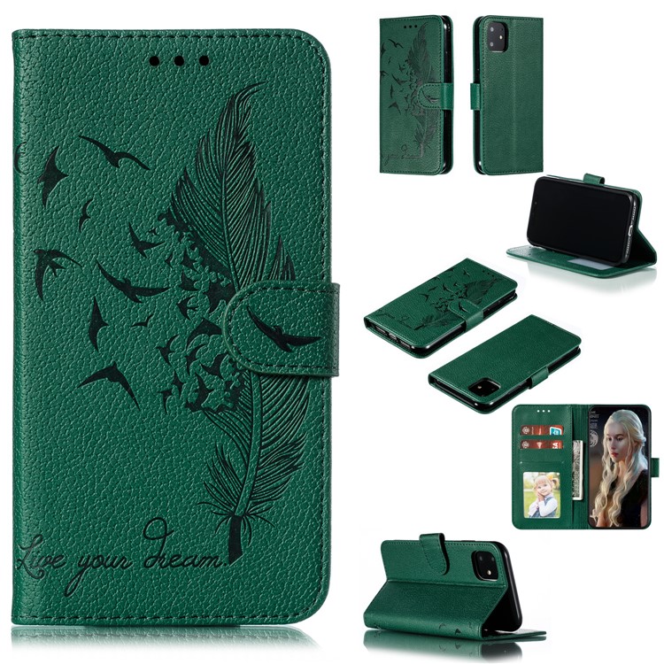 Litchi Texture Imprint Feather Leather Phone Case with Wallet Stand for iPhone 11 6.1 inch - Green-1